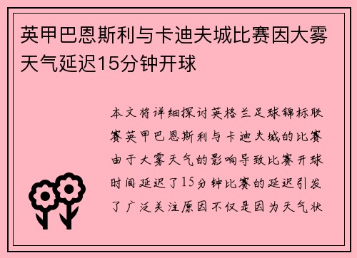 英甲巴恩斯利与卡迪夫城比赛因大雾天气延迟15分钟开球