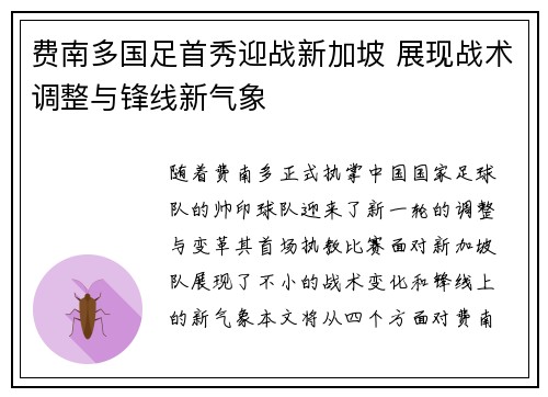 费南多国足首秀迎战新加坡 展现战术调整与锋线新气象